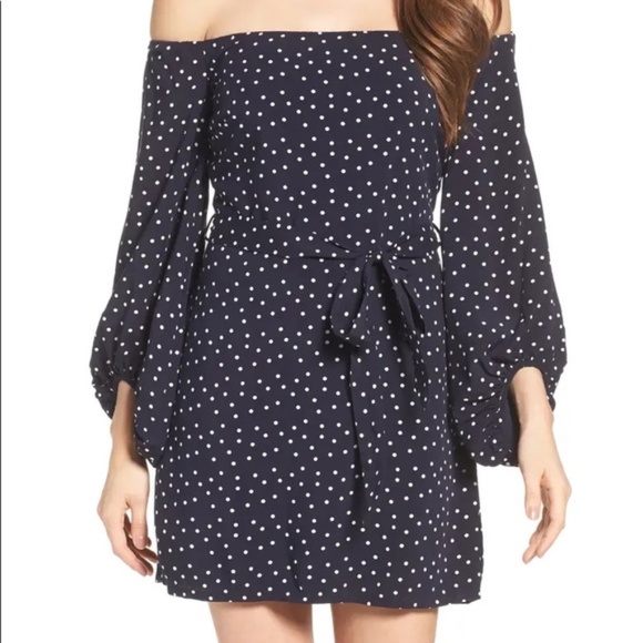 Urban Outfitters Bardot Off-The-Shoulder Dress Navy Polka XS Like New! - Picture 4 of 7